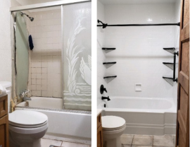 A before and after picture of a bathroom with a toilet and bathtub