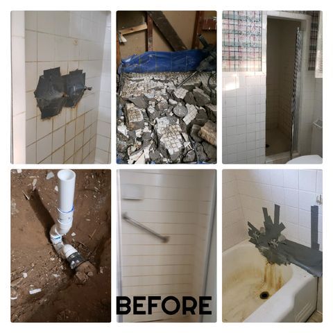 A collage of pictures of a bathroom before and after being remodeled