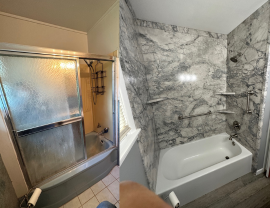 A before and after photo of a bathroom with a bathtub and shower.