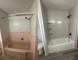 A before and after picture of a bathroom with a pink bathtub and a white bathtub.
