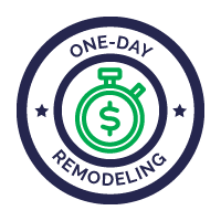 A one day remodeling logo with a stopwatch and a dollar sign.