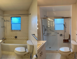 A before and after photo of a bathroom with a toilet and tub