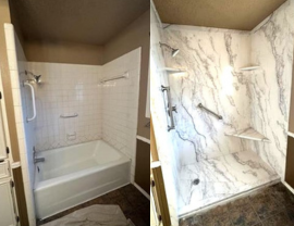 A bathroom with a bathtub and a shower with marble walls.