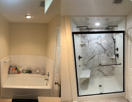 A before and after photo of a bathroom with a bathtub and a shower.