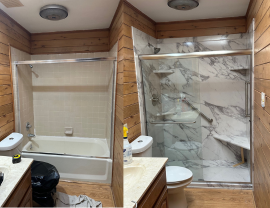 A bathroom with a tub a toilet and a shower