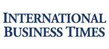 The logo for the international business times is blue and white.