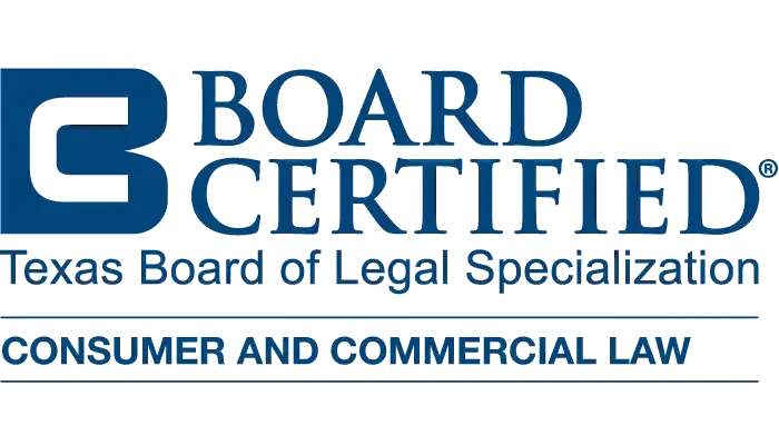 The logo for board certified texas board of legal specialization consumer and commercial law