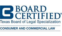 The logo for board certified texas board of legal specialization consumer and commercial law