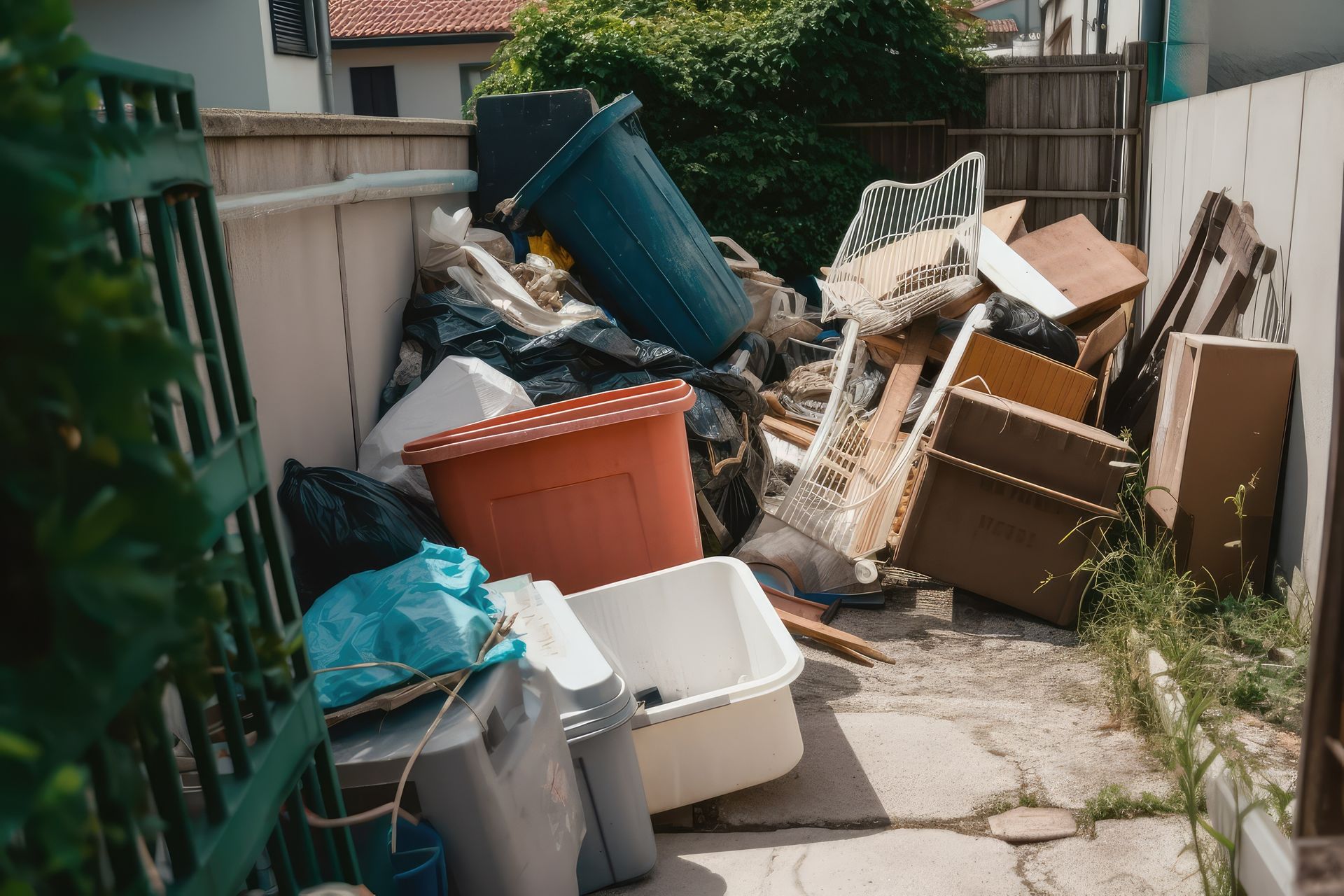 A cluttered outdoor space filled with plastic bins, cardboard boxes, and bags of trash on a paved walkway.