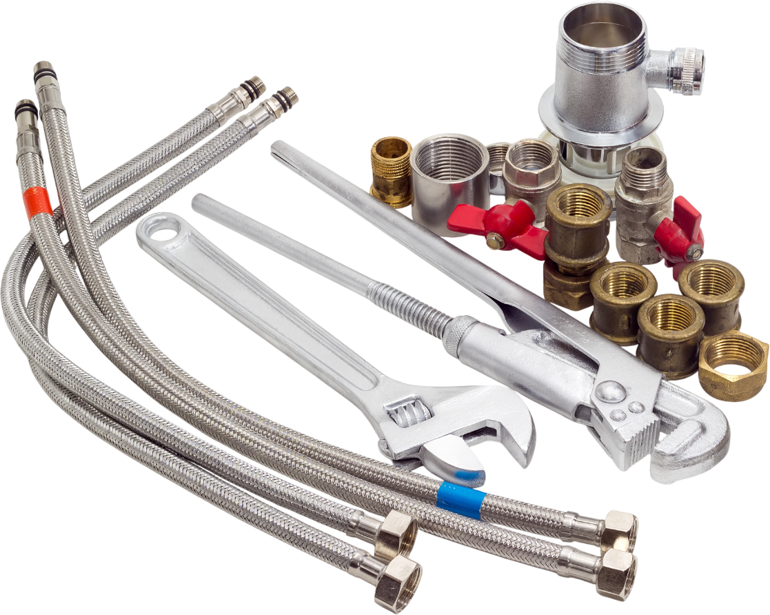 A bunch of plumbing tools including a wrench and hose