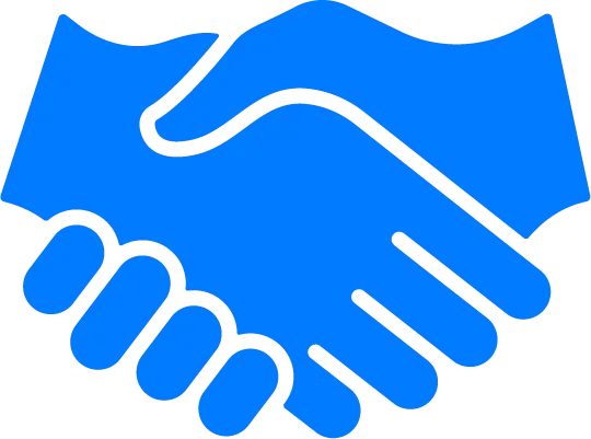 Blue icon of two hands clasped in a handshake, symbolizing agreement or partnership.