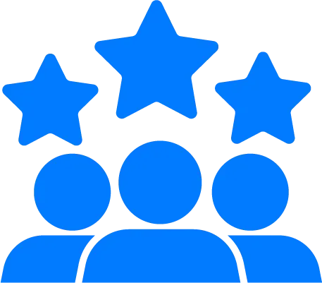 Blue icon of three people with three stars above them.