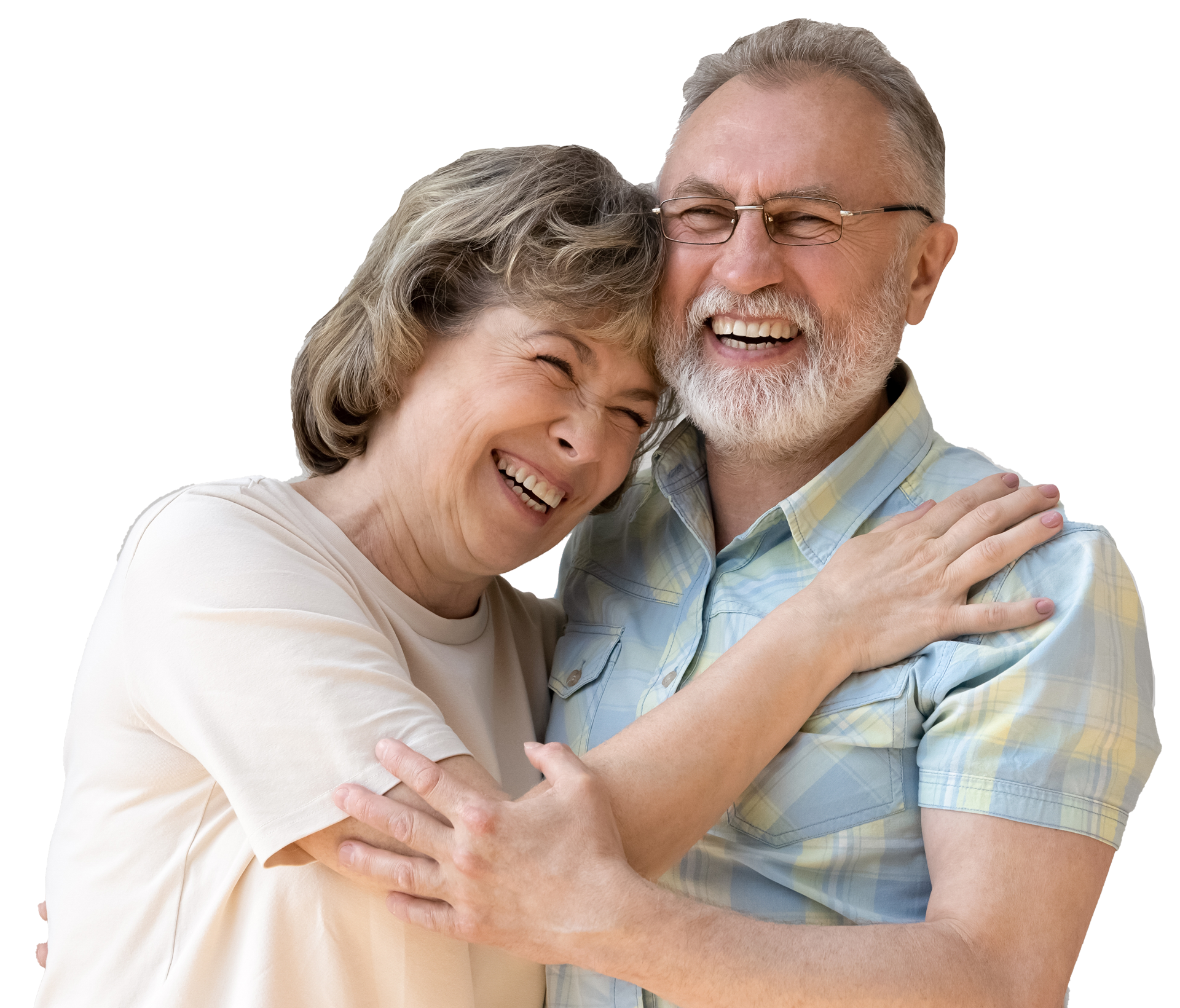 A man and a woman are hugging each other and smiling.