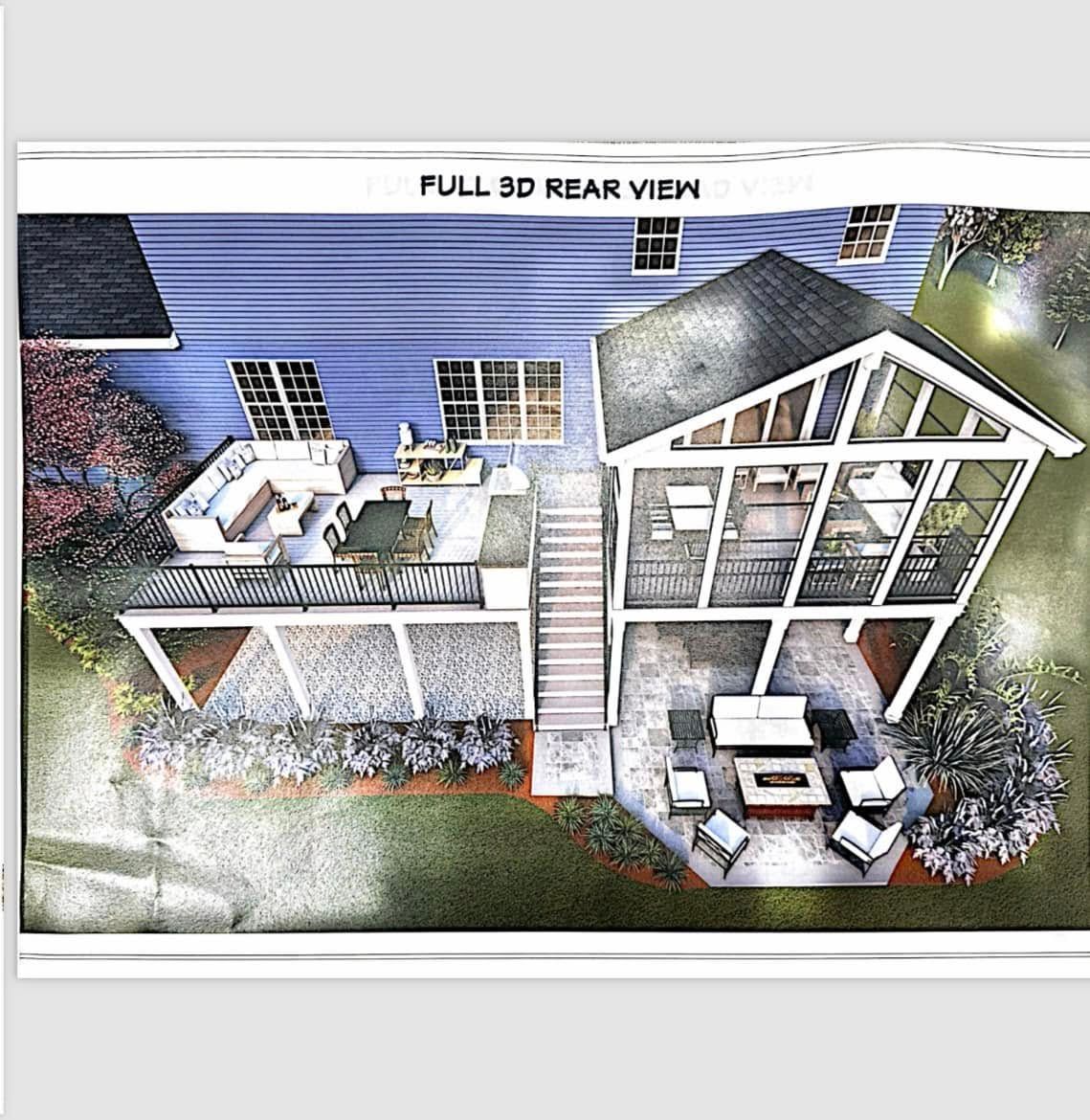 3D rear view of a home with a deck, staircase, and screened-in porch for outdoor entertaining, surrounded by landscaping.