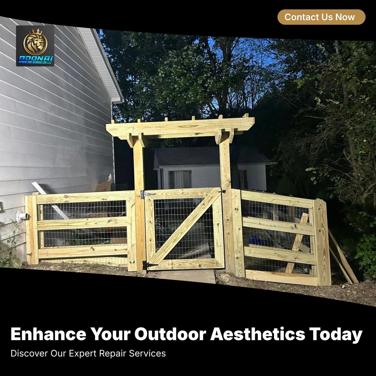 Wooden gate and fence with arbor in front of a house, for outdoor aesthetics.
