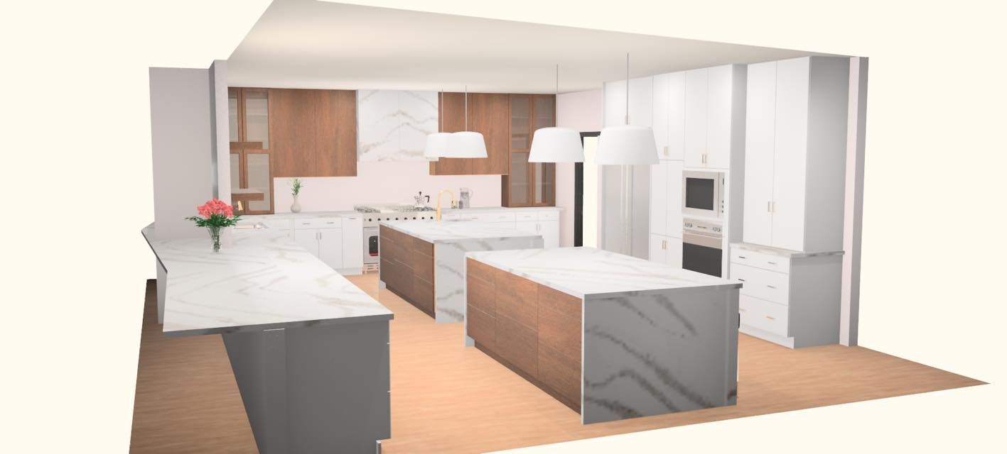 Modern kitchen with multiple islands, wood accents, and marble countertops.