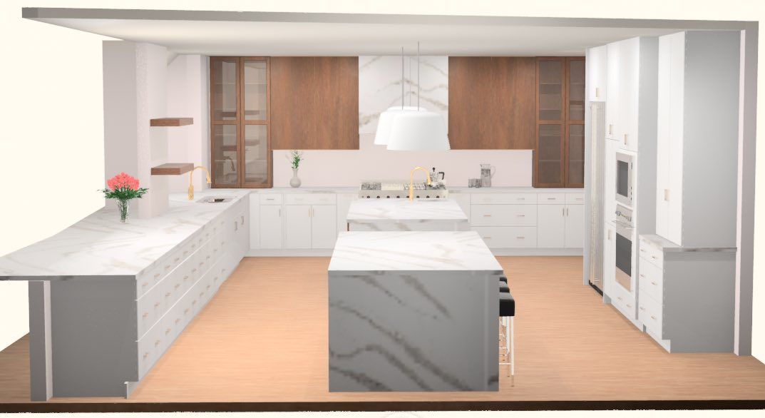 Modern kitchen with white cabinets, marble countertops, wooden accents, and two islands.