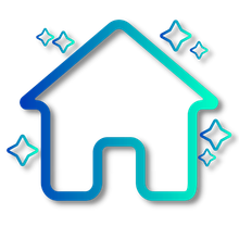 A blue and green icon of a house with stars around it