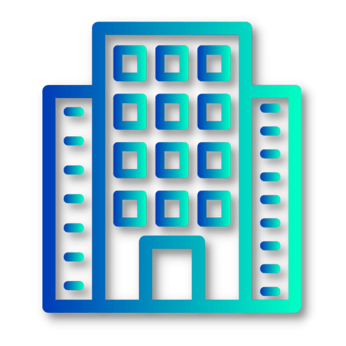 A blue and green icon of a building with squares on it.