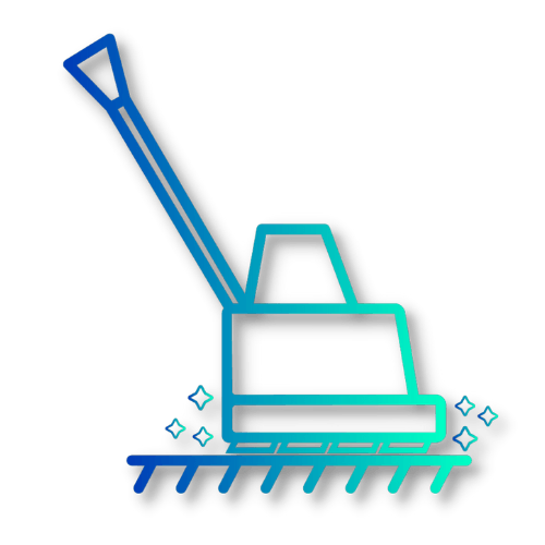 A blue and white icon of a lawn mower on a white background.