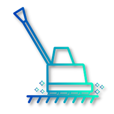 A blue and white icon of a lawn mower on a white background.