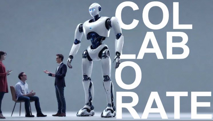 A robot is standing in front of a group of people with the words colab o rate below it