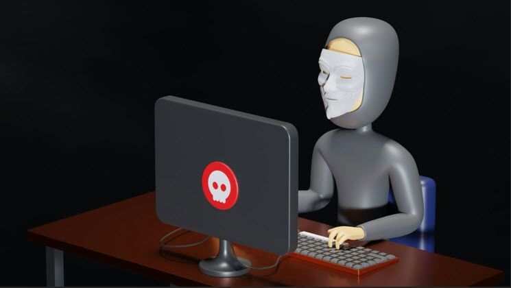 A cartoon character wearing a mask is sitting at a desk using a computer.