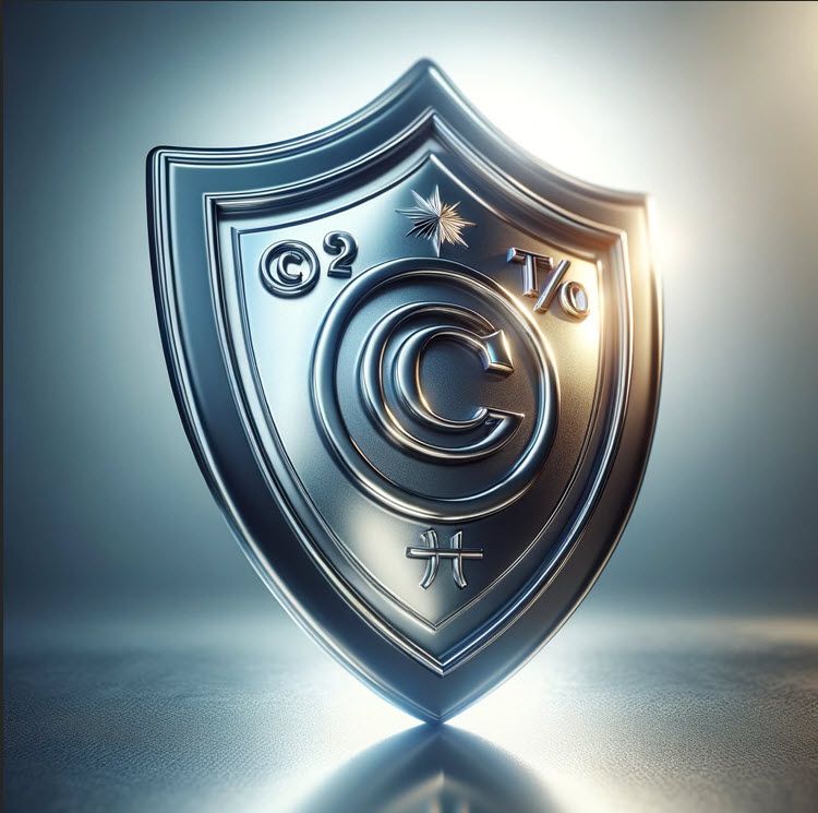 A metal shield with the letter c on it