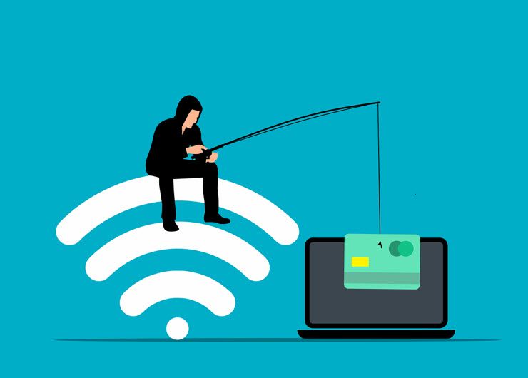 A man is sitting on a wifi signal fishing for a credit card.