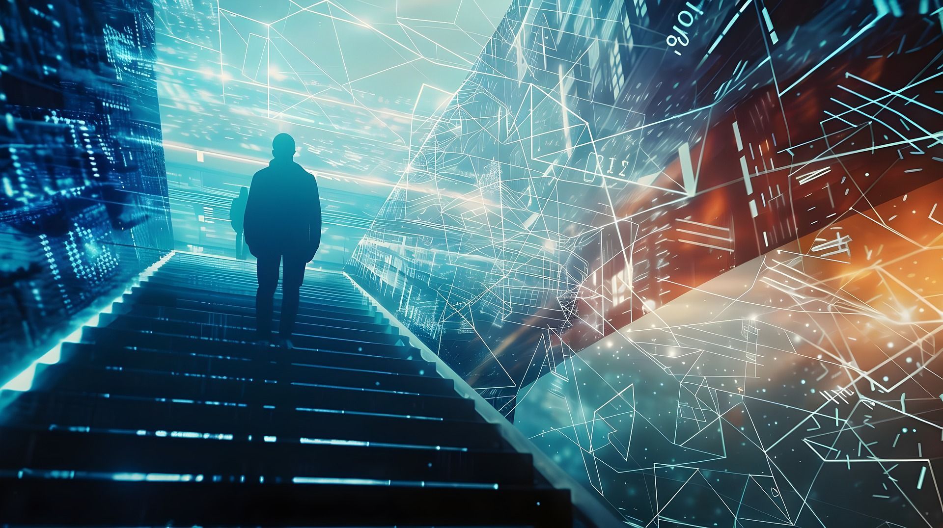 A man is walking down a set of stairs in a futuristic city.