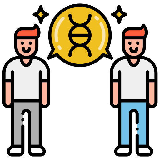 Two men are standing next to each other with a speech bubble with a dna symbol on it.