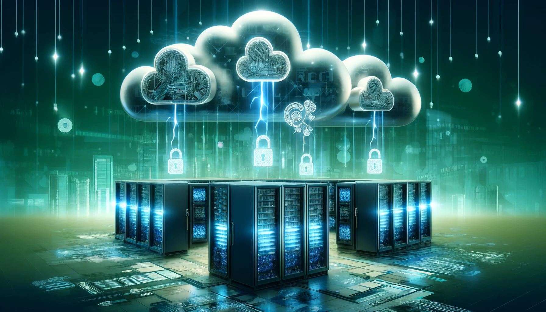 A group of servers surrounded by clouds and padlocks.