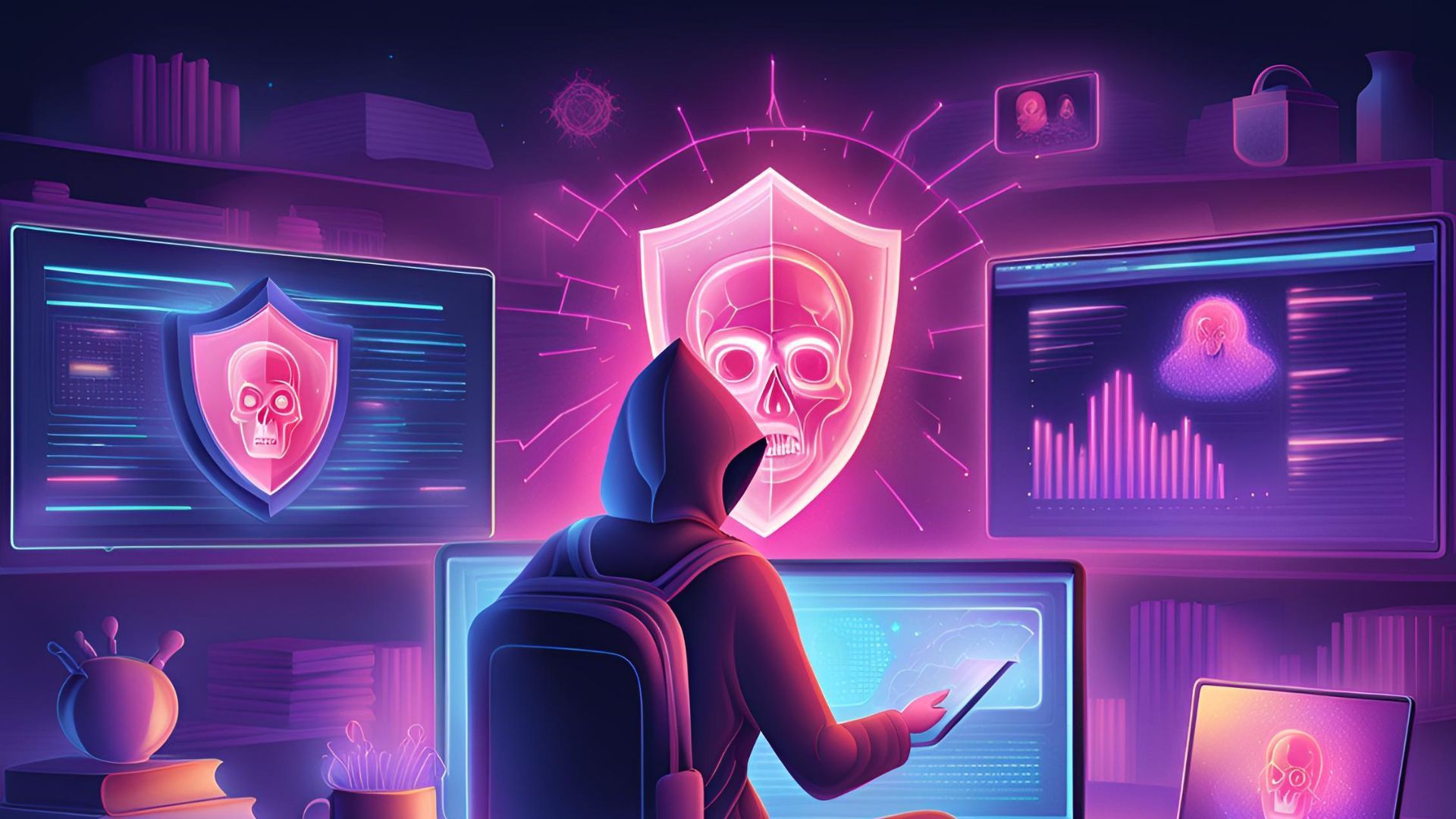 A hacker is sitting in front of a computer screen with a shield and a skull on it.