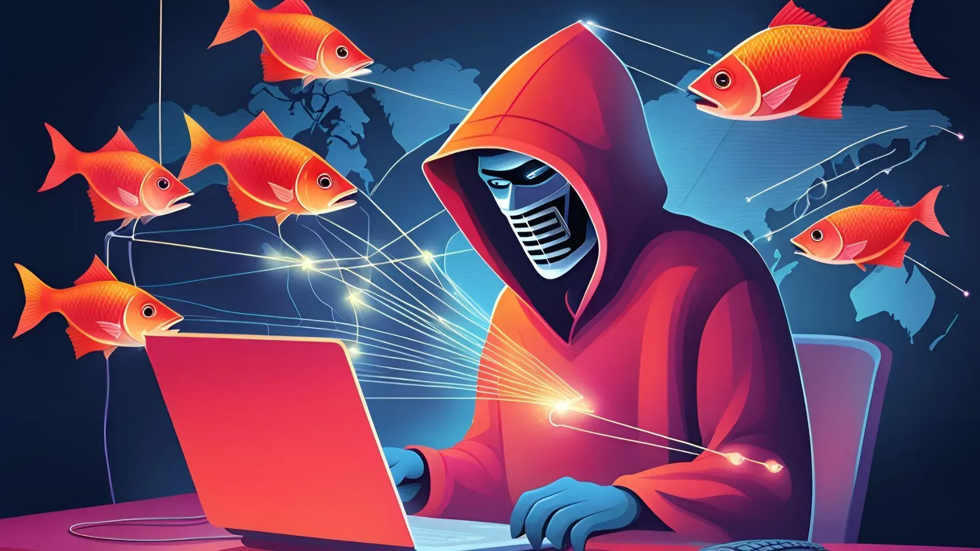 A man in a hoodie is using a laptop computer surrounded by fish.