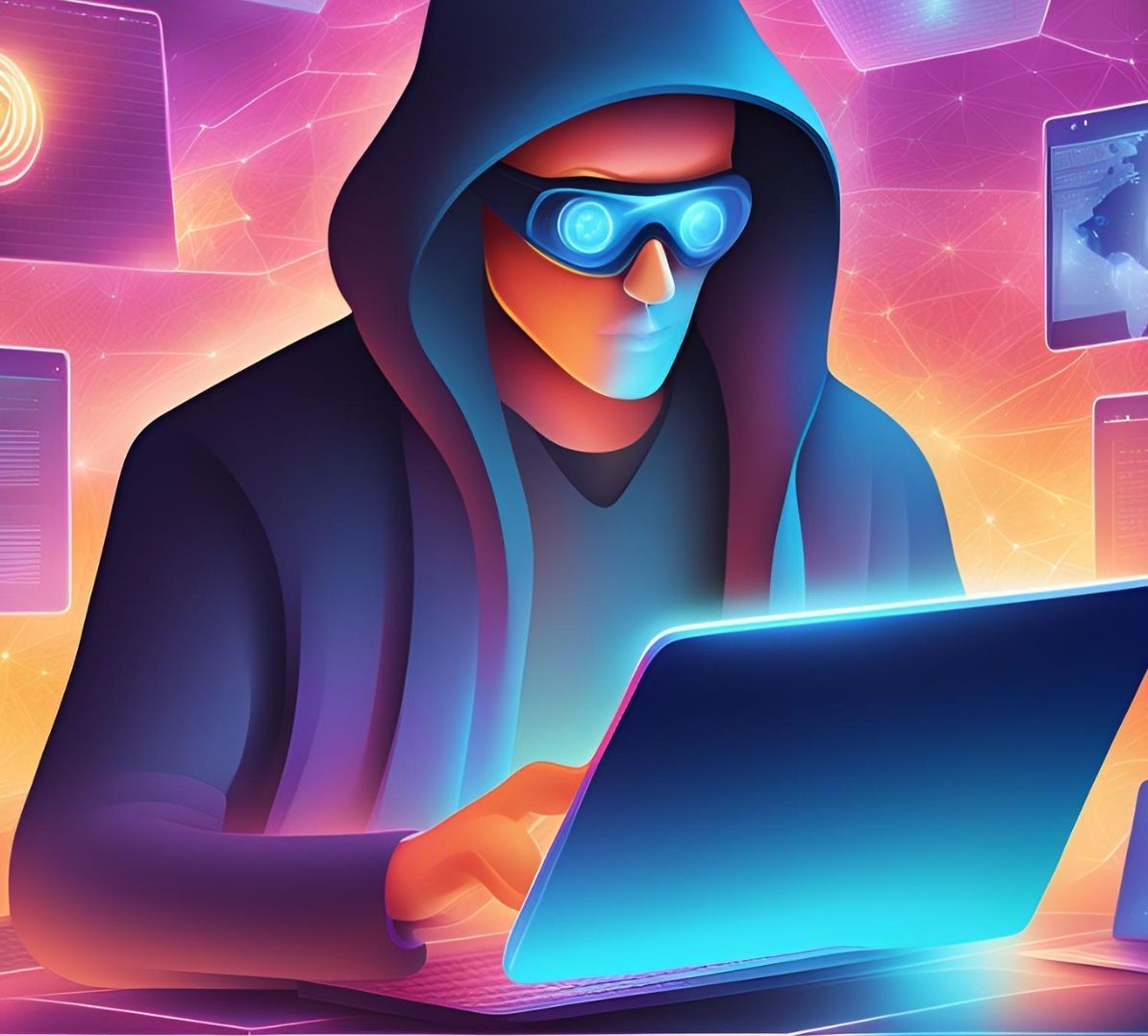 A man in a hoodie and goggles is using a laptop computer.