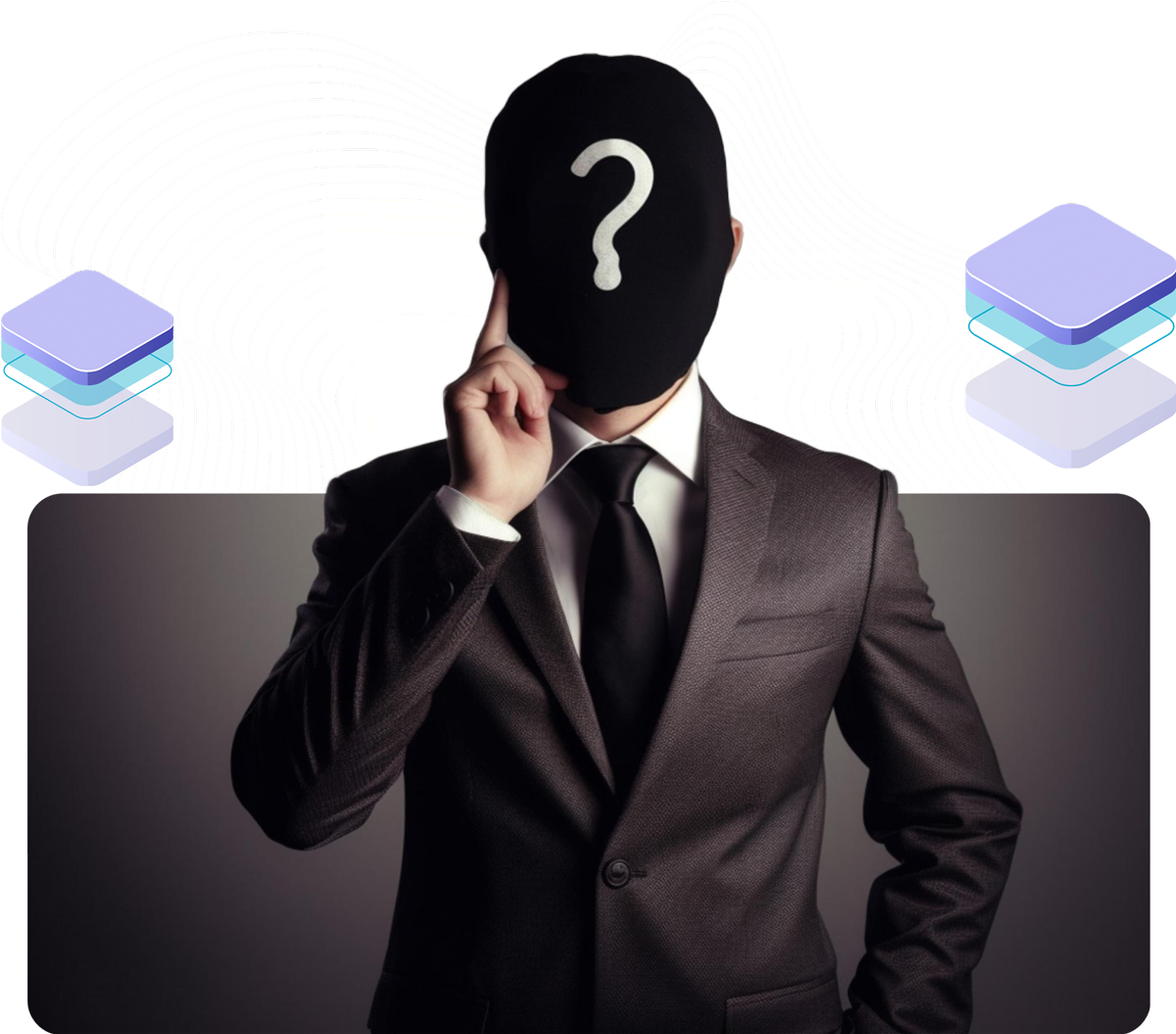 A man in a suit has a question mark on his hat