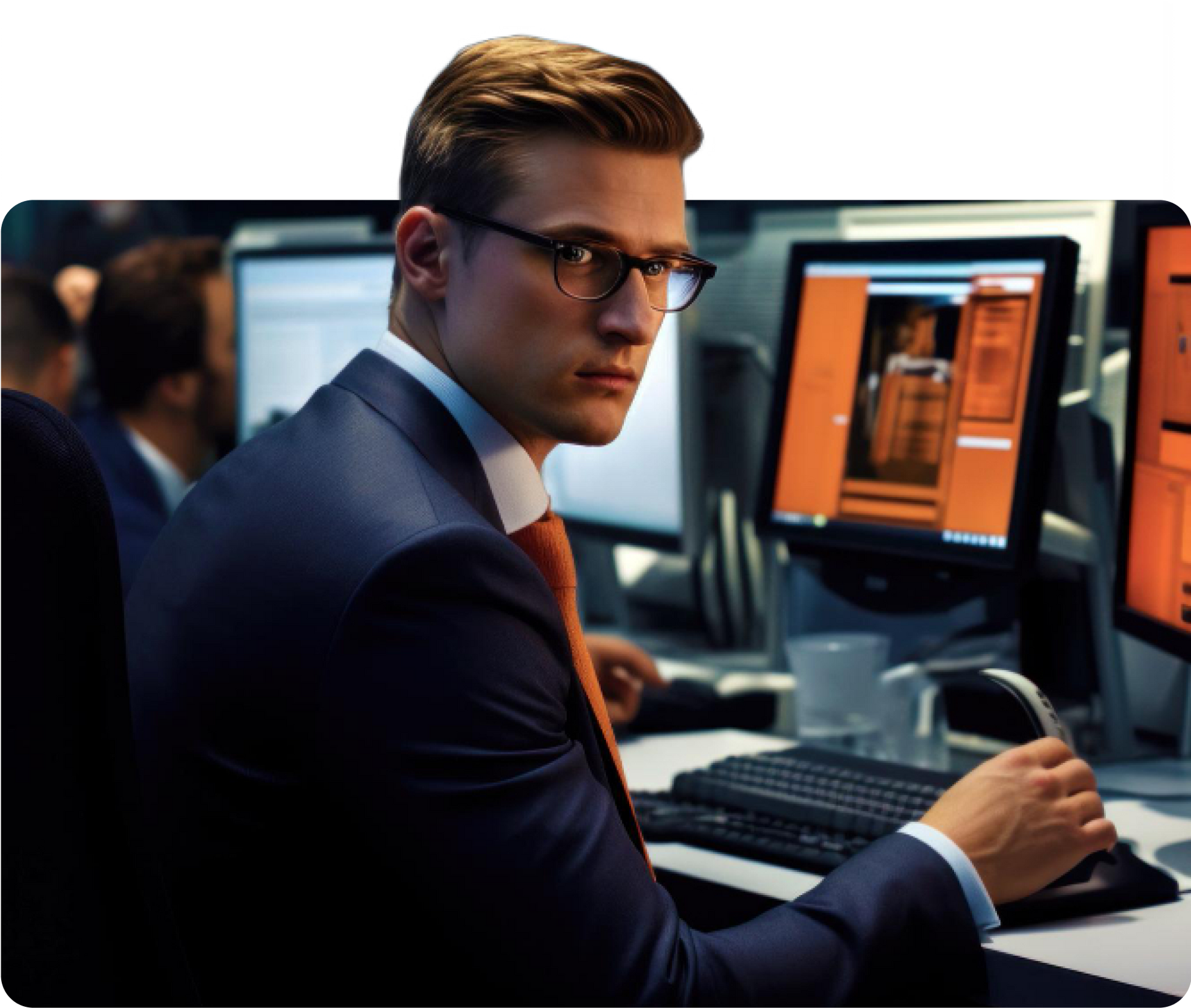A man in a suit and tie is working on a computer