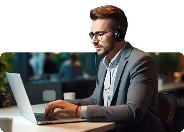 A man wearing headphones is using a laptop computer.