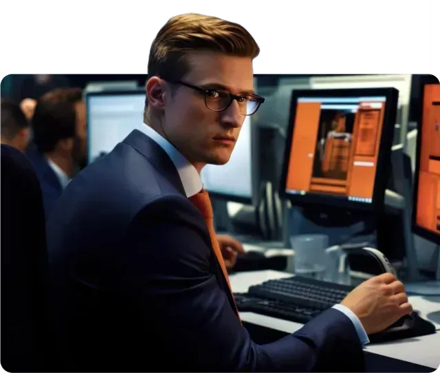 A man in a suit and tie is working on a computer