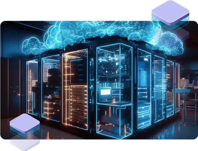 A server room with a lot of servers and a cloud coming out of the ceiling.