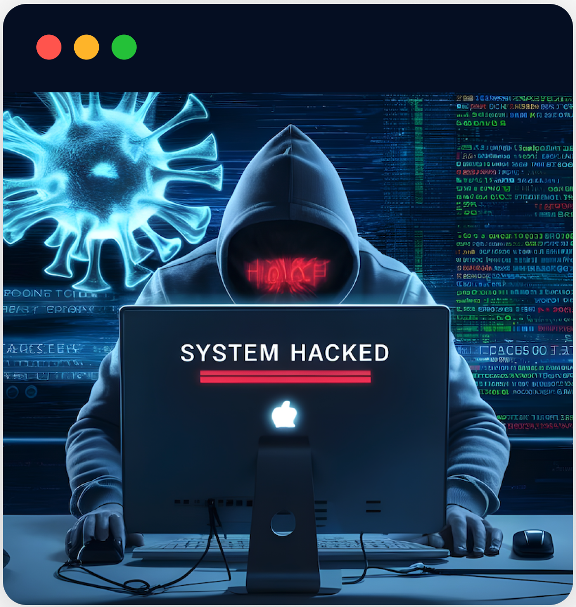 A man in a hoodie is sitting in front of a computer with the words system hacked on it.