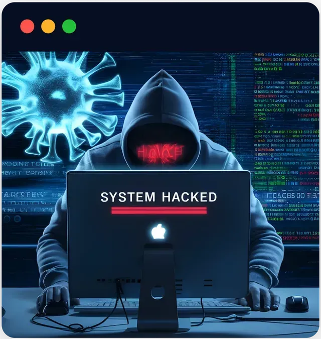 A man in a hooded sweatshirt is sitting in front of a computer screen that says system hacked