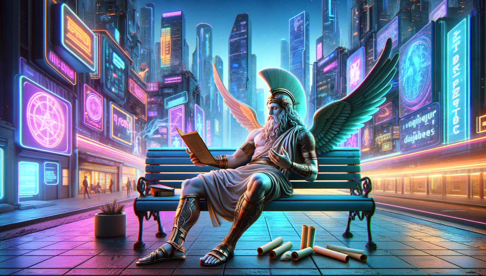 A statue of a man with wings is sitting on a bench in a futuristic city.
