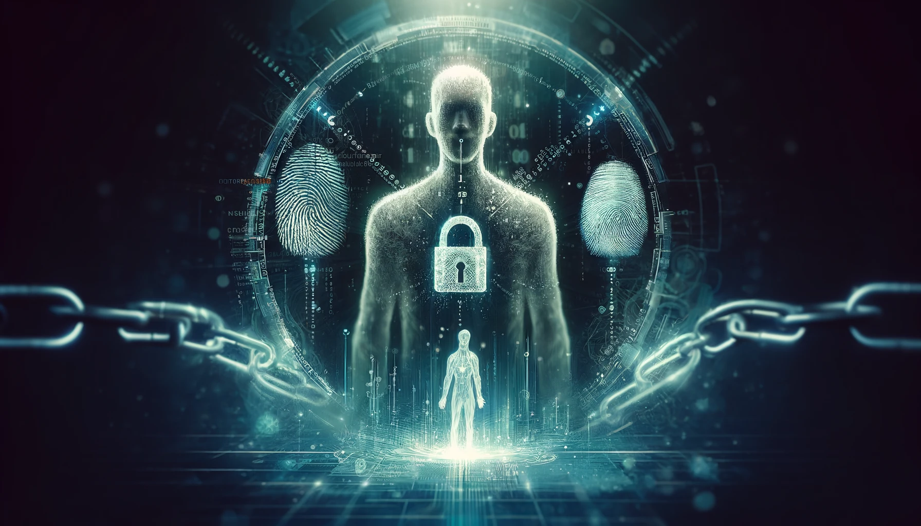A man is chained to a sphere with a padlock and fingerprint.
