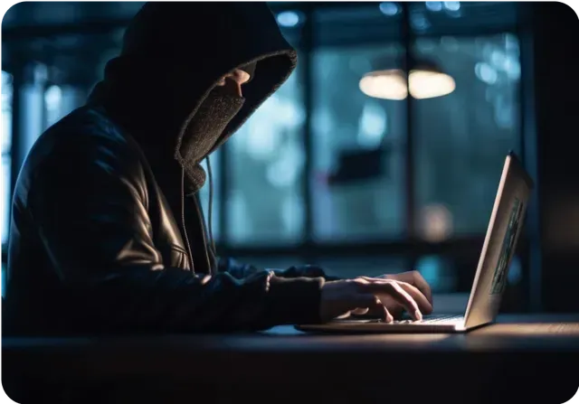 A man in a hood is typing on a laptop computer.