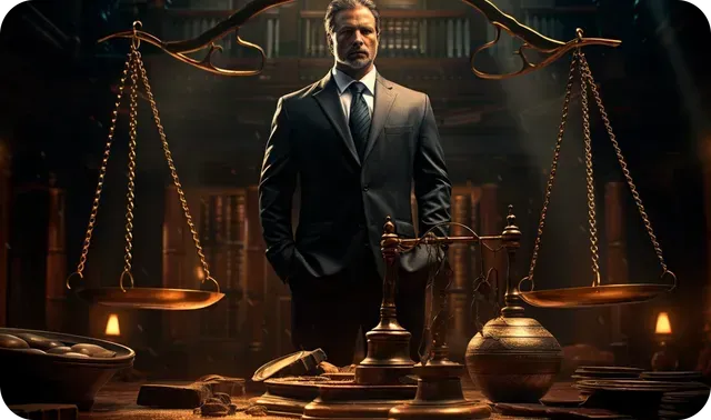 A man in a suit and tie is standing in front of a scale of justice.