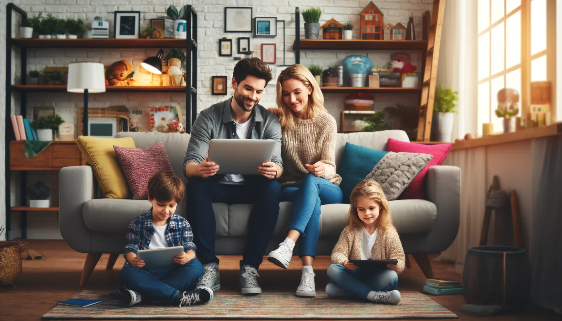 A family is sitting on a couch using laptops and tablets.