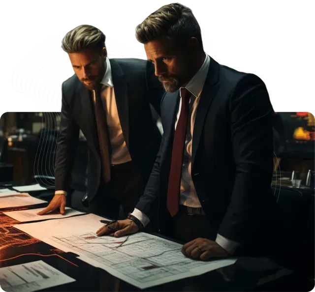 Two men in suits and ties are looking at papers on a table