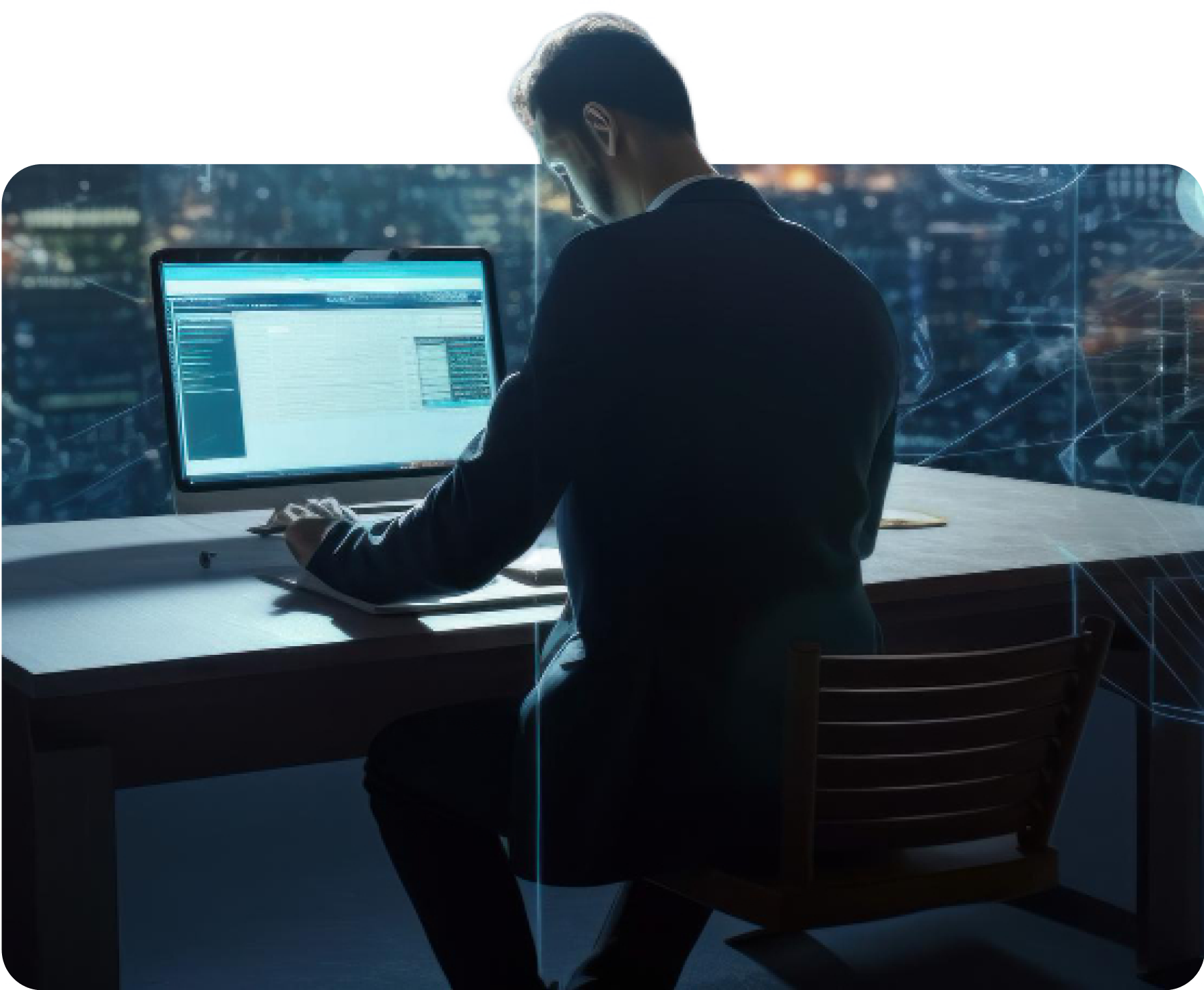 A man in a suit is sitting at a desk working on a computer.