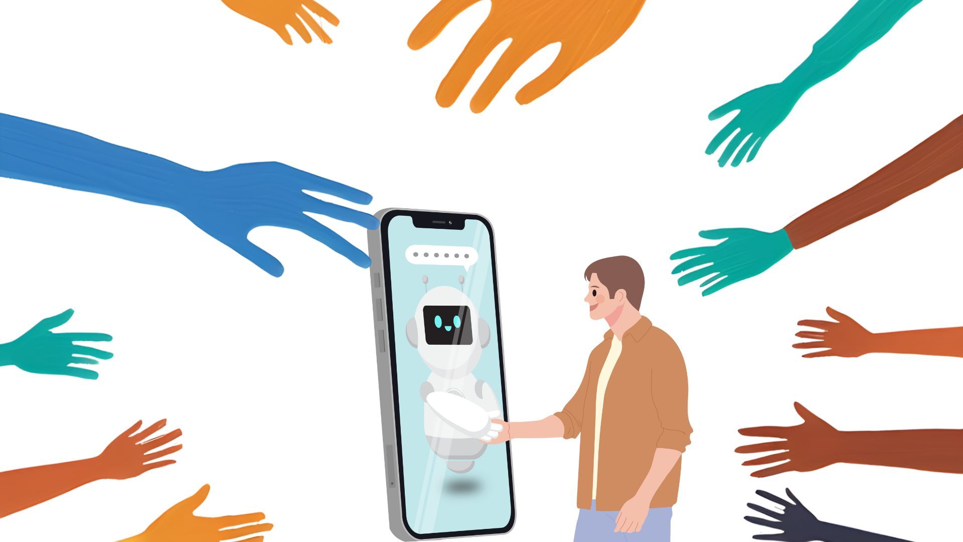 A man is shaking hands with a robot on a cell phone.